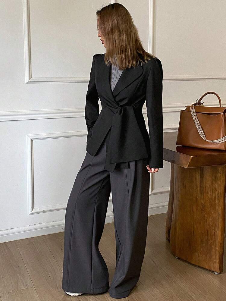Women's Tie-Up Wrap-Around Collar Long Sleeve Casual Blazer Business Attire