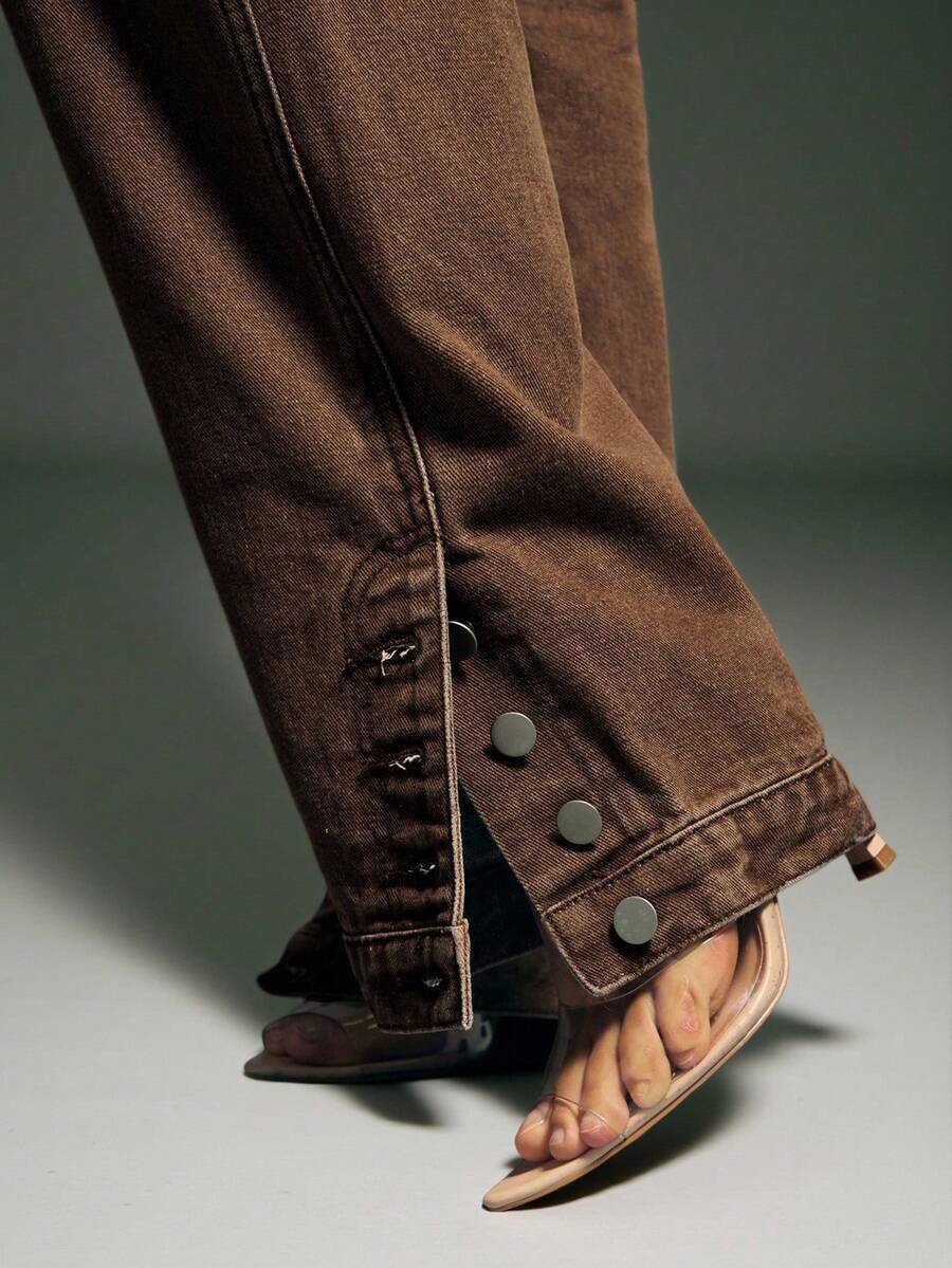 Denimoi Straight Leg Ankle Slit Button Detail Denim Jeans - Brown - View 1