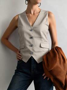 Modelyn 休闲通勤条纹前扣背心 - 卡其色 - 查看 4