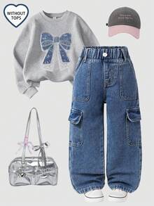 SHEIN Explorewe 年轻女孩 Y2K 休闲荷叶边腰部松紧腰多口袋直筒百搭四季通用热洗蓝色牛仔裤 - 中等水洗藍 - 查看 1