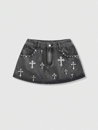 Grunge Punk Minifalda de mezclilla con bolsillo y decoración de cruz y rhinestones para mujer
