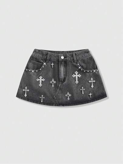 Grunge Punk Women's Cross & Rhinestone Decor Pocket Fashionable Denim Mini Skirt