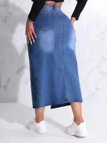 SHEIN SXY Plus Size Slit Denim Skirt - Dark Wash - View 2