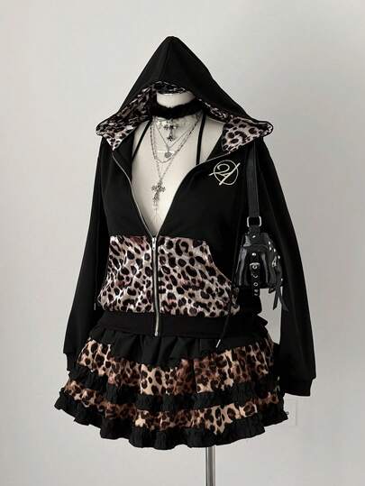 Sunspun 时尚豹纹撞色连帽毛绒卫衣