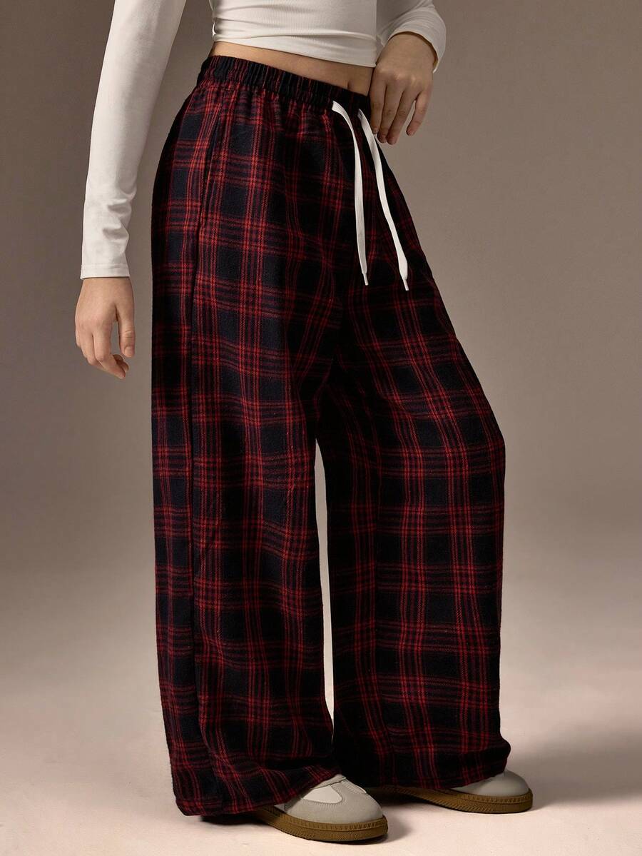 SHEIN Pantalones de cuadros rojos para niñas preadolescentes, pantalones rectos de moda casual de pierna ancha - Verde militar - Ver 1