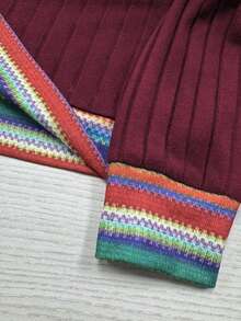 EMERY ROSE Women's V-Neck Patchwork Vintage Print Long Sleeve Plus Size Sweatshirt, Autumn/Winter - Burgundy - View 7