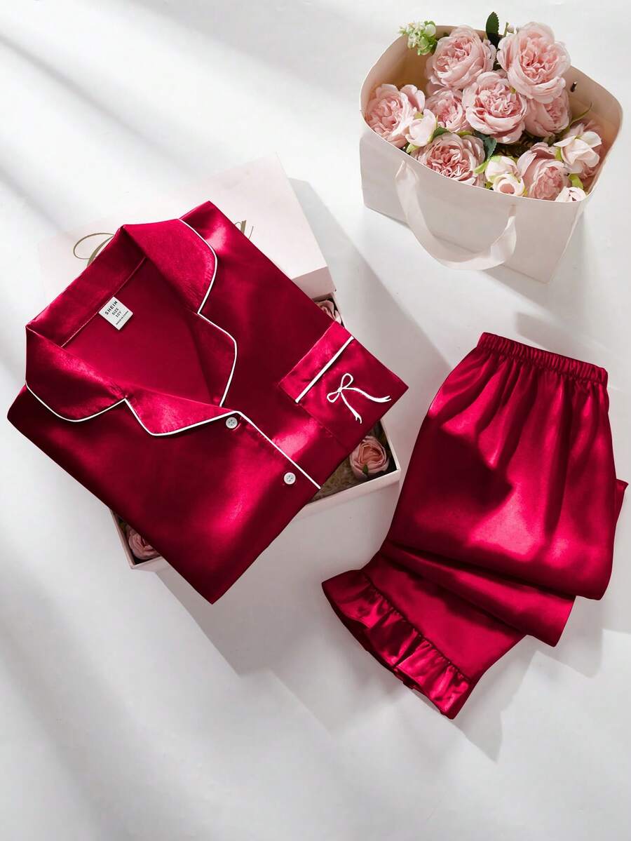 2pcs Girls Tween Solid Light Pink Satin Embroidered Ruffle Sleeve Top And Pants Pajama Set, Spring/Autumn - Burgundy - View 1