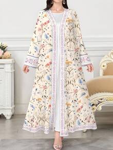 SHEIN Najma 女式花卉印花长袖休闲阿拉伯长袍，春秋装 - 彩色 - 查看 1