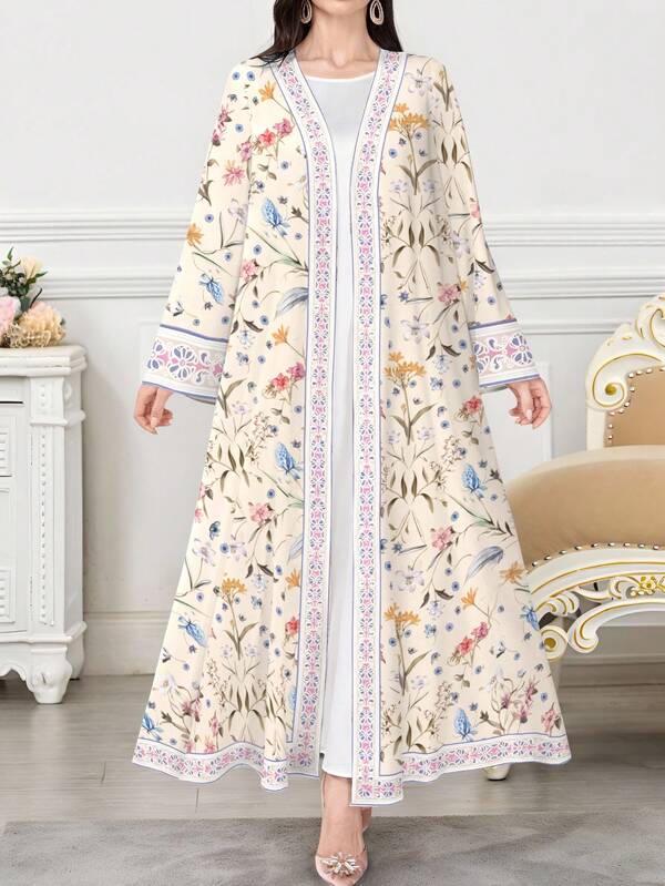 SHEIN Najma Abaya de manga larga con estampado floral para mujer, estilo casual árabe, para primavera/otoño