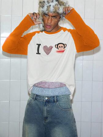 Paul Frank X ROMWE T-shirt décontracté pour hommes avec imprimé singe et manches raglan contrastées, automne