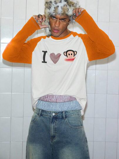 Paul Frank X ROMWE Camiseta casual de manga raglán con estampado de mono y contraste, otoño