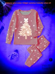 1 套年轻女孩圣诞主题睡衣，夜光圣诞树和雪花 PriSnug Fit 长袖上衣和裤子，舒适睡衣套装，节日礼物 - 粉色 - 查看 5