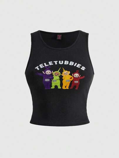 Teletubbies X ROMWE Top ajustado con gráficos de dibujos animados y letras, verano para mujer