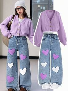 Lässige Mode für Tween Mädchen, hellblaue Denim-Farbe, Schmetterlingsdruck, lockere, weite Beinpartie, entspannte Passform, bequem, alltagstauglich, vielseitig, für die Schule, lässige verwaschene Denim-Hose