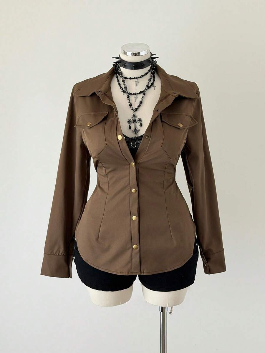 Sunspun Modisches Slim Fit Langarm Casual Utility Goth Große Größen Damenhemd