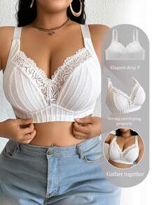 1pc Plus Size Lace Patchwork Wireless Bra - White - View 5