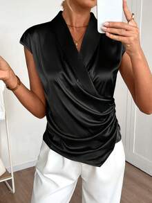 EMERY ROSE Women's Solid Color Shawl Collar Ruched Asymmetric Hem Fashion Blouse - Black - View 3