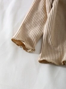 Girls Casual Fashion Simple Round Neck Long Sleeve Fitted Fleece Striped Khaki T-Shirt With Round Neck Sleeveless Short Fur Vest Jacket And Elastic Waist Long Flared Patchwork Fur Denim Pants 3-Piece Outfit, Girls Winter Fashion Suit - Khaki - View 6