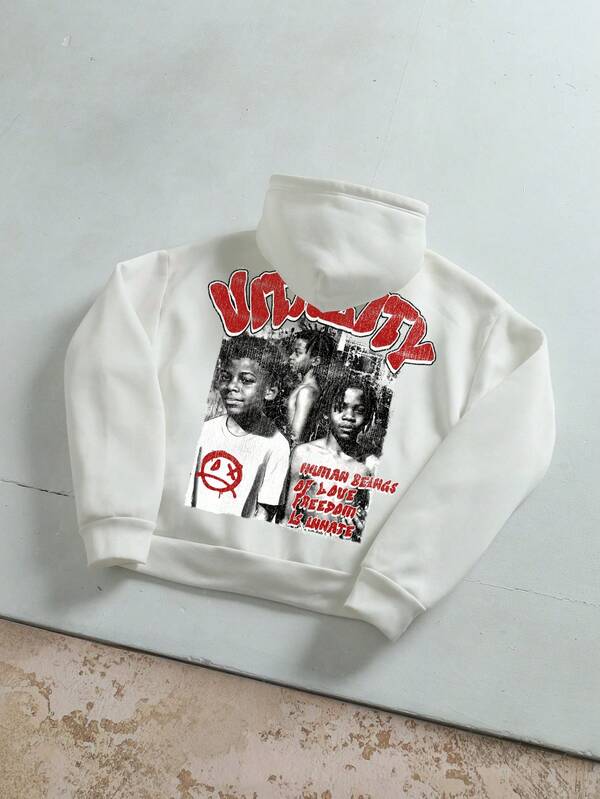 Manfinity ZONE917 Oversized White Cropped Hoodie With Anti-War Graffiti Slogan And Distressed Print
