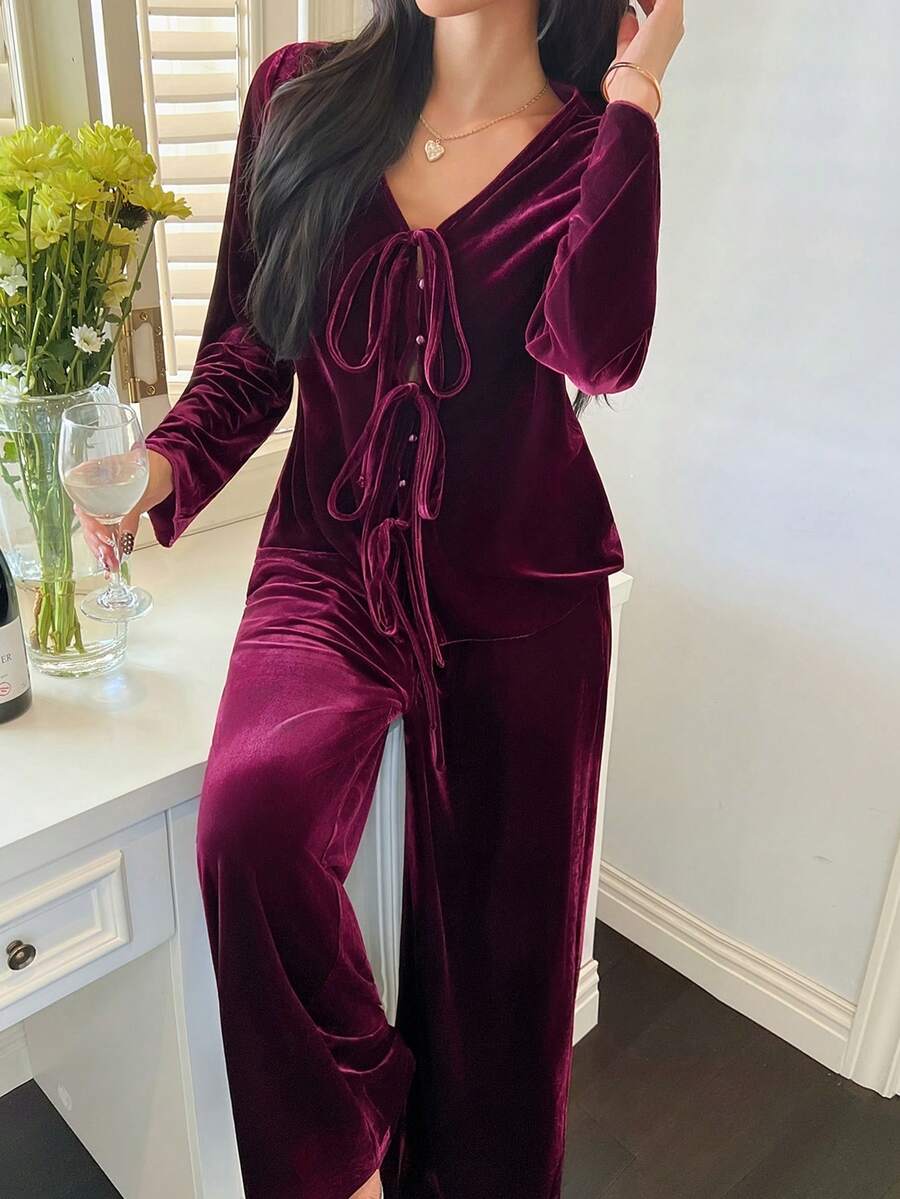 DAZY Women's Velvet Tie Design Pajama Set, Autumn/Winter - Burgundy - View 1
