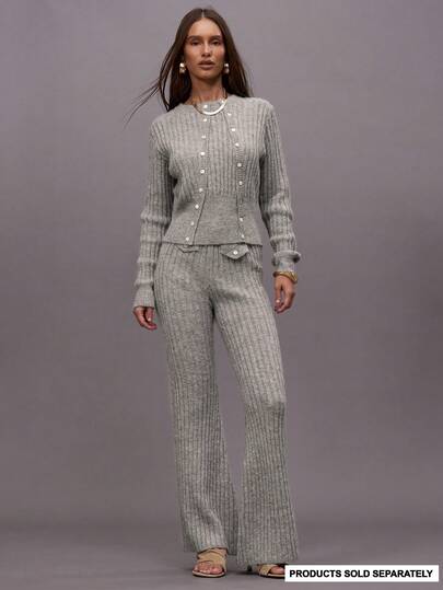 MUSERA Pantalones acampanados ajustados con bolsillo de punto de canalé, solo Bottom, para otoño, invierno, salida nocturna, salida, ropa urbana, lindo, vuelta al colegio, sexy, fiesta de noche, elegante, Navidad