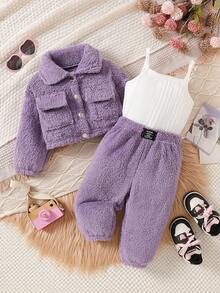 SHEIN Playful Pals 女婴秋冬三件套：翻领工装外套、纯色背心和长裤，适合户外日常穿着。女婴冬季套装，女婴紫色套装，女婴服装，紫色两件套冬季毛绒服装 - 彩色 - 查看 1