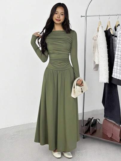 SHEIN Teen Girl Casual Minimalist Comfortable Long Sleeve Cinched Waist Mid-Length Dress Fall Winter