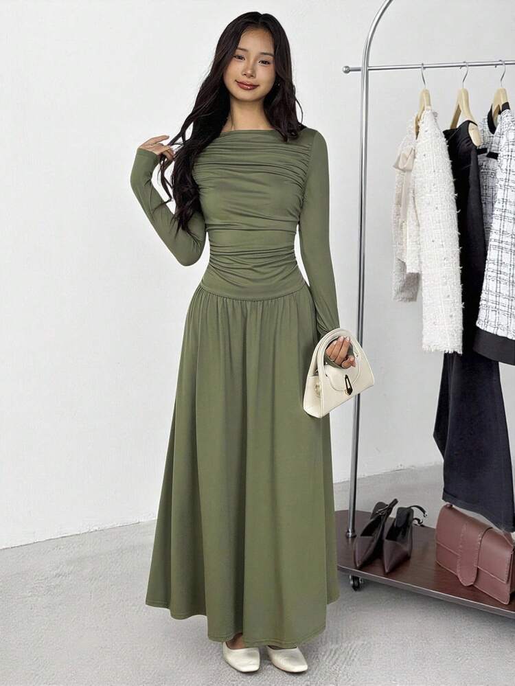 SHEIN Teen Girl Casual Minimalist Comfortable Long Sleeve Cinched Waist Mid-Length Dress Fall Winter