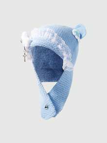 ROMWE Goth 1 Cute Blue Knitted Hat, Y2K Plush Bone Lace Hat, Creative And Kawaii Cat's Ear Hat - Blue - View 7