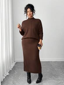 Elenzga Plus Size Elegant Turtleneck Long Sleeve Sweater Set - Coffee Brown - View 7