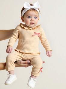 SHEIN Newborn Soft Cotton Crew Neck Bowknot Long Sleeve Top And Pants Set, Comfortable And Cozy For Autumn/Winter - Khaki - View 1