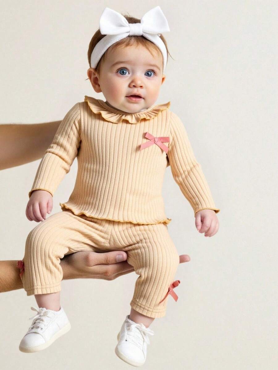 SHEIN Newborn Soft Cotton Crew Neck Bowknot Long Sleeve Top And Pants Set, Comfortable And Cozy For Autumn/Winter - Khaki - View 1