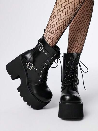 Grunge Punk Stivaletti alla caviglia da donna casual con punta tonda e suola spessa, stile gotico punk con occhielli e fibbie in metallo, comodi stivaletti con tacco alto in pelle nera per uso all'aperto, pendolarismo, feste