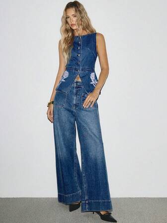 ATUI Studio Blusa vaquera casual sin mangas con botones delanteros y estampado floral para mujer