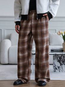 HUEFORM Men's Old Money Relaxed Fit Straight  Cotton Casual Plaid Brown & 's Pants Commuting And Dating Occasions For Men For Boy Wintet - Brown - View 4