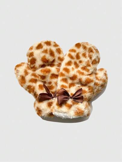 Fairycore Y2K Cute Deer Pattern Faux Fur Gloves Double-Layer Bowknot Gloves Women's Winter Fashion Gloves