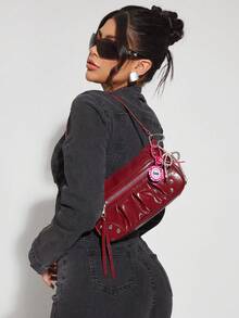 SHECARRY Ladies, Women Shoulder Bag, Hobo Bag, Motorcycle Style, Fashionable, Personalized, Simple, Versatile, Street, Sweet And Cool Girls, Hot Girls, Y2k, Retro, Rivets, Vintage, Teenagers(Includes Bag Charm) - Burgundy - View 2