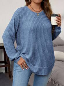 EMERY ROSE Plus Size Women's Dusty Blue Autumn Ribbed Knit Long Sleeve T-Shirt,Everyday Smart Casual V-Neck Loose Solid Color Top Sweater - Navy Blue - View 1
