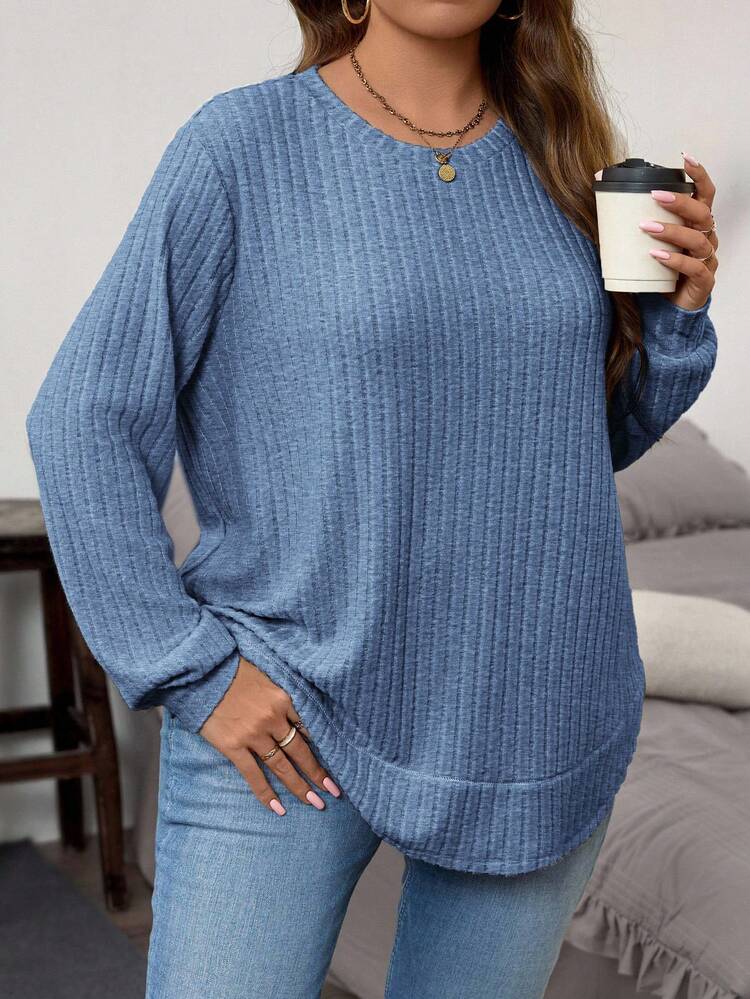 Plus Size Women's Solid Color V-Neck Long Sleeve Ribbed Casual Loose T-Shirt Plus Size Blue Tops Plus Size Blue Ribbed Knit T Shirt Blue Sweater Ribbed Knit Top Blue Long Sleeve Top