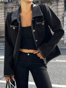 DAZY جاكيت كاجوال للنساء مع طوق مرقع، جاكيت جلدية للخريف/الشتاء