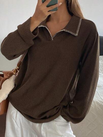 Livesso 女士休闲宽松条纹毛绒拼接翻领T恤，时尚商务街头风，秋冬长袖女装