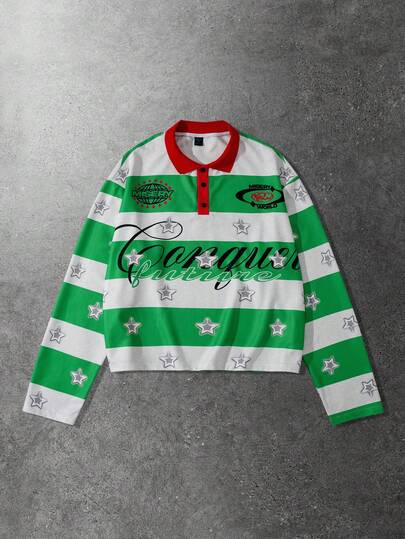 Street Life T-shirt polo à manches longues décontracté et ample avec imprimé de lettres et d'étoiles rayées pour hommes