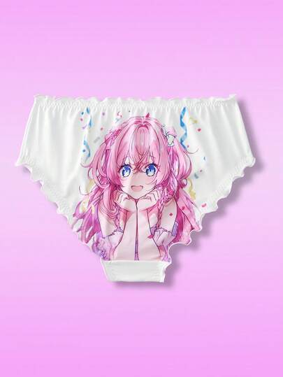 White Ruffle Trim Printed Manga/Anime Style Cute & Quirky Teenage Girl Underwear Panties