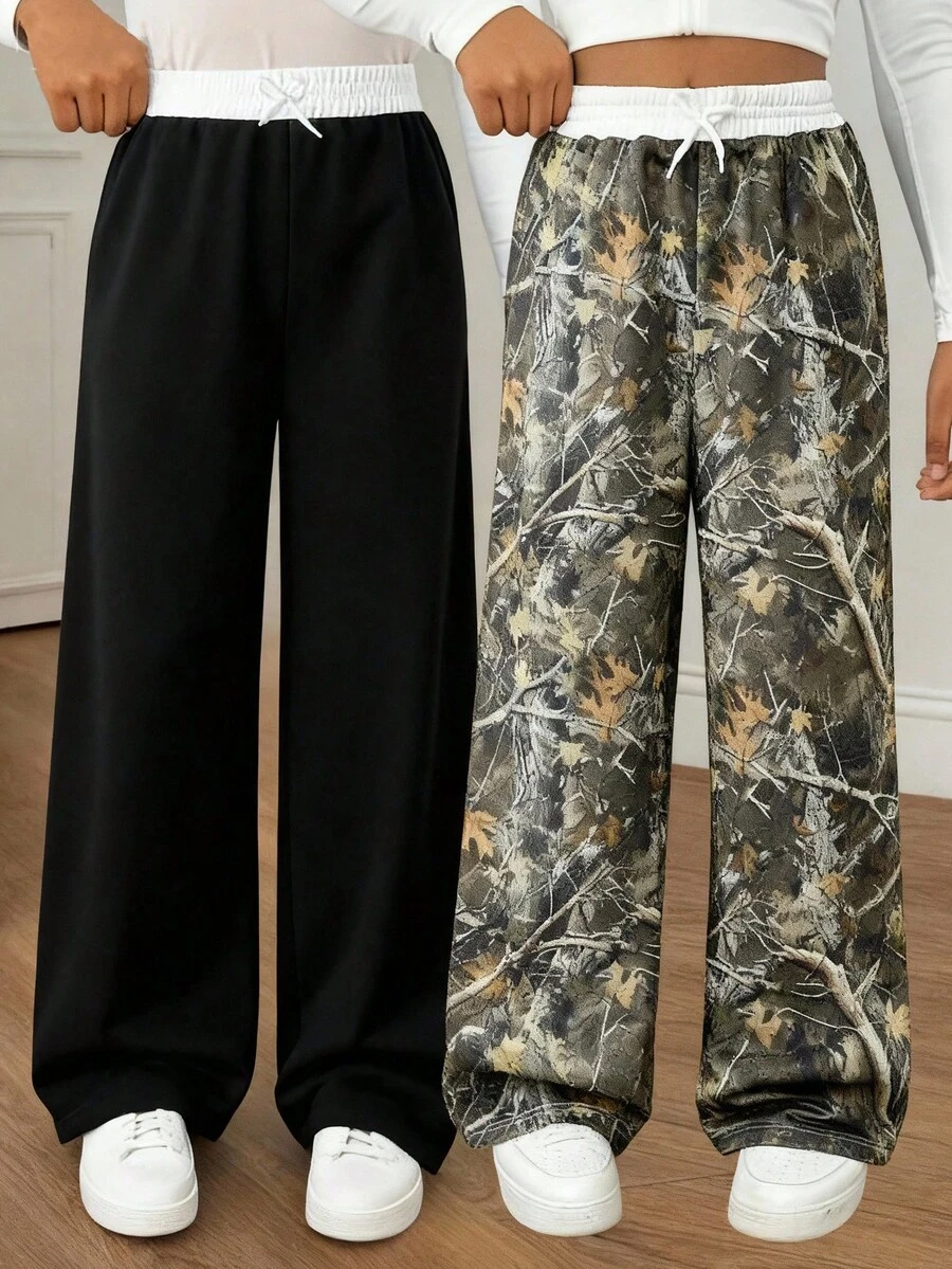 SHEIN 2条装少女休闲百搭街头风宽松阔腿撞色腰带设计运动裤,秋冬季 - 彩色 - 查看 1