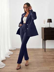 EURMUSE Women Solid Color Suit Sets Blazer Jacket And Pants Rhinestone And Button Front Detailed - Navy Blue - View 5