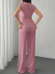 EURMUSE Two Pieces Sleeveless Knit Set Featuring Minimalist Crew Neck Top And High-Waisted Ribbed Pants In Soft Ivory - Pink - View 2