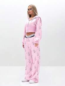 BABYPHAT Zip Through Hooded Sweatshirt With Cat Logo Print And Ribbed Hem For Casual Streetwear Style - Pink - View 4