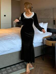 DAZY 黑色丝绒撞色蕾丝边修身长款睡裙，适合秋冬季穿着。 - 黑色 - 查看 4