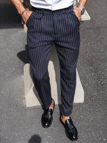 Calvornis Men's Casual Striped Tapered Suit Pants With Contrast Colors - Blue and White - View 7