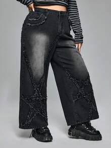 ROMWE Goth Plus Size Women Casual Grunge-Punk Distressed Five-Pointed Star Washed Loose Straight Leg Jeans, Vintage Wash Denim Pants For Autumn/Winter - Black - View 4